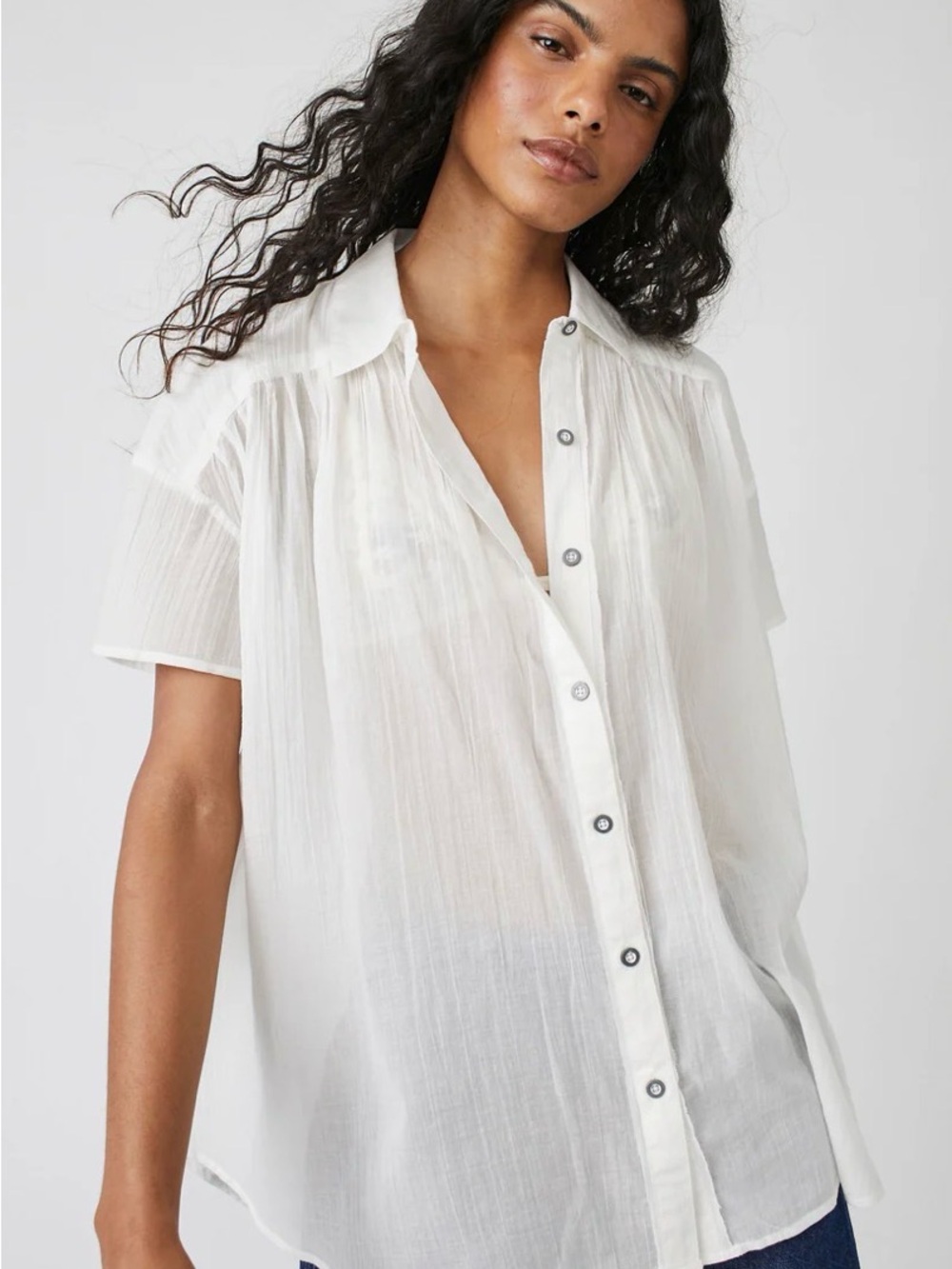 Free People Optic White Sheer Short-Sleeve Button-Down Shirt